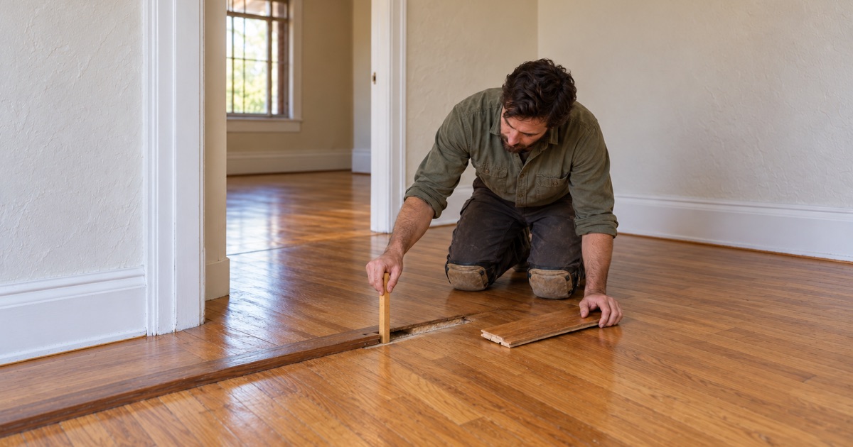 Installer measuring the remaining wear layer at a cut edge of an original Huntington Park oak floor before any work is quoted.