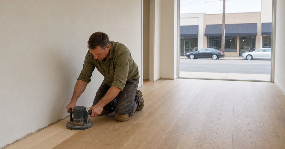 Installer running an edger along the base of a wall in an empty Huntington Park ground-floor retail unit with an oak floor.