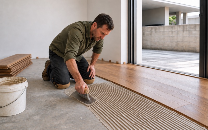 Installer troweling adhesive across a concrete slab before laying engineered oak flooring in a Huntington Park house.