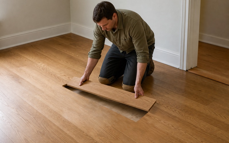 Installer lowering a matched white oak board into a staggered opening cut in an existing Huntington Park floor.