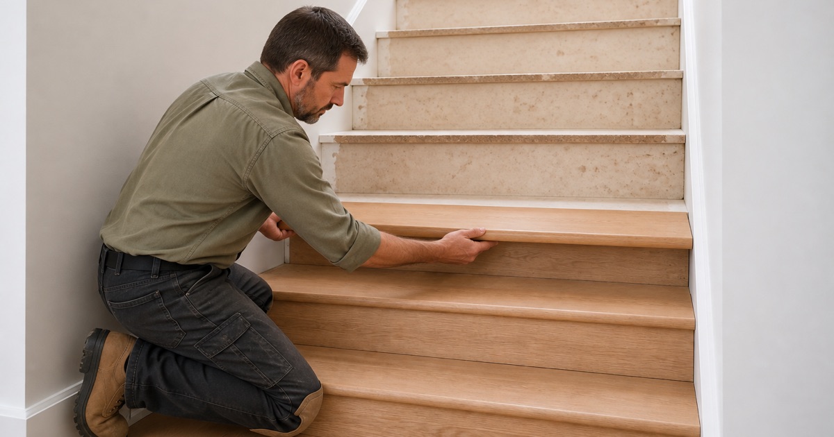 Installer setting a bullnosed white oak retro tread onto a stair in a Huntington Park house, cut to the full width of the flight.