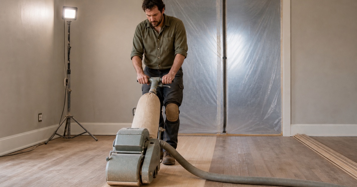 Installer running a drum sander across white oak strip flooring in an occupied Huntington Park house, with plastic sheeting sealing the doorway behind him.