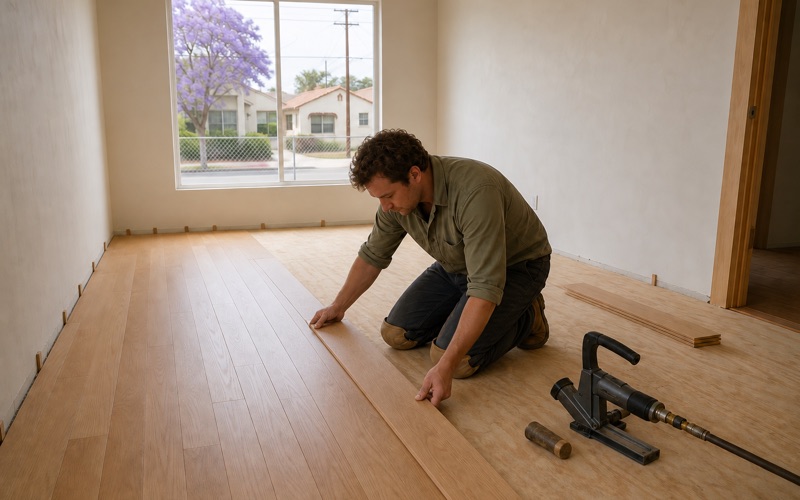 Installer racking solid white oak boards over a plywood subfloor in a Huntington Park house, expansion gap held at the wall.
