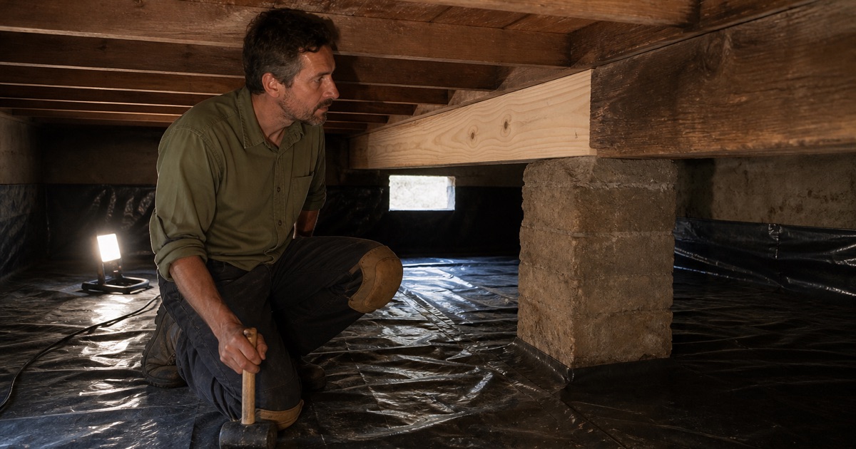 Installer sistering a new joist alongside a damaged one beneath a raised Huntington Park house, working from the crawl space.