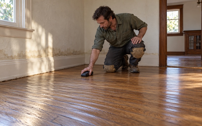 Installer checking a moisture meter against cupped white oak boards near a water-stained wall in a Huntington Park house.