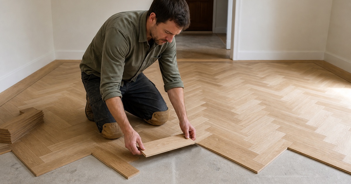 Installer setting a wide white oak plank into a herringbone field in a Huntington Park house, working from a centerline.