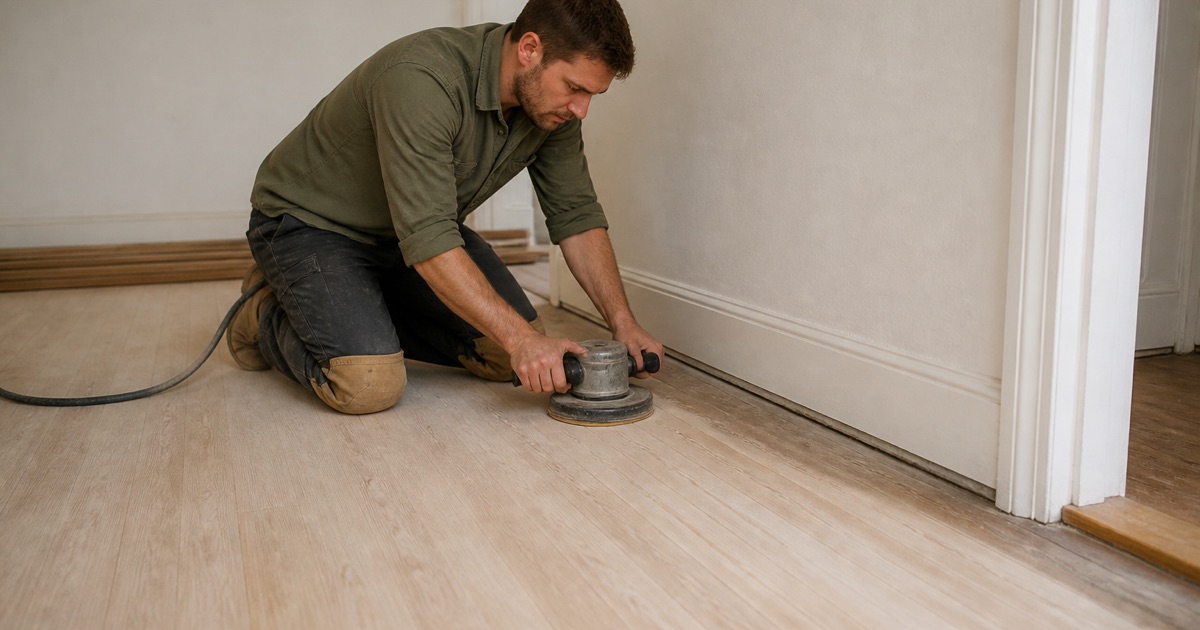 Installer working an edger along the perimeter of a white oak floor in a Huntington Park bungalow, blending the edge into the sanded field.