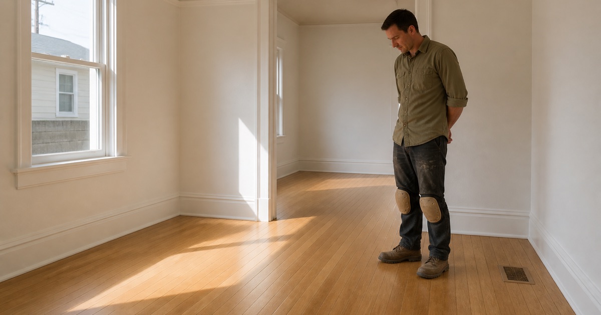 Refinished white oak strip flooring running through a pre-war Huntington Park bungalow, boards passing under tall painted baseboard and a plain threshold at the doorway.